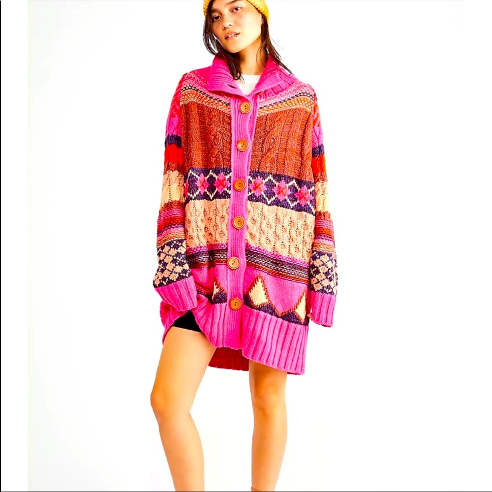 NWT Free People Argyle Smile Pink cardigan sweater